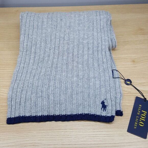 POLO RALPH LAUREN Mens Scarf Gray Ribbed Stripe Hem Wool Blend Pony Logo 9x70
